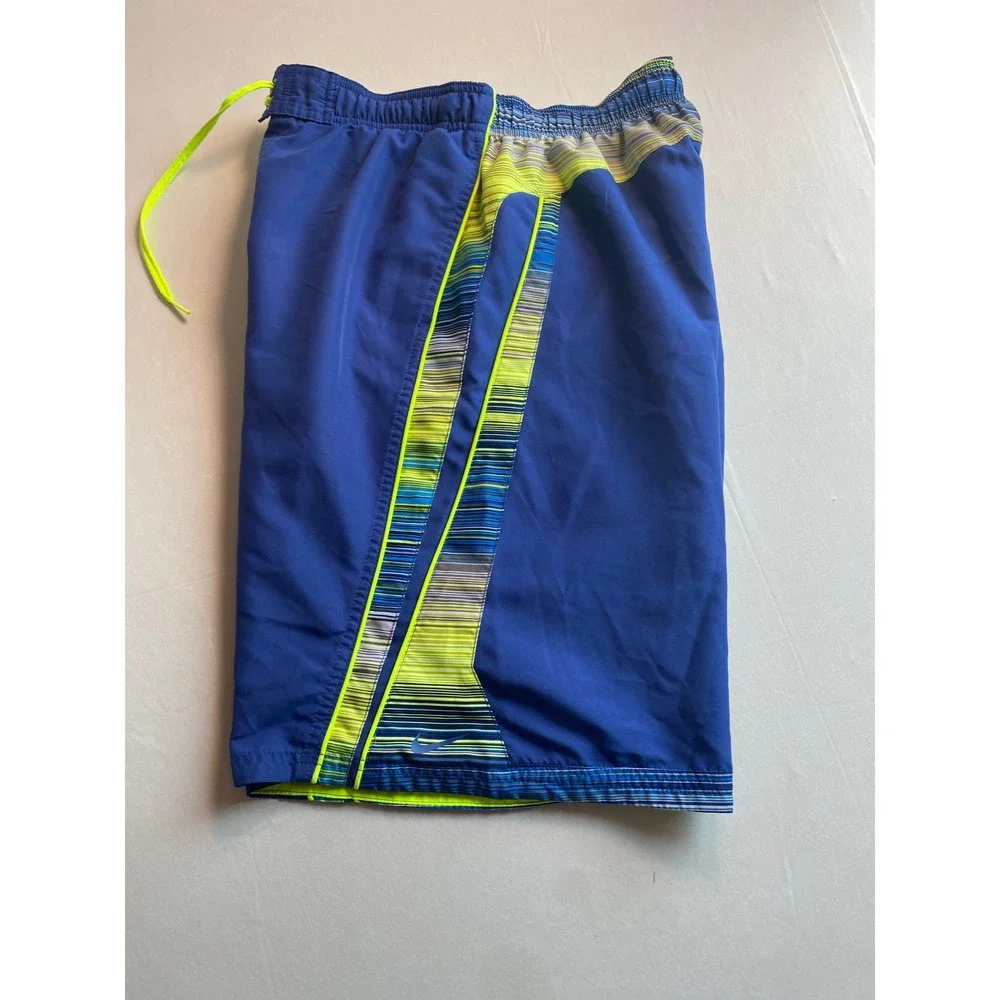 Nike Mens Royal Blue Neon Yellow Striped Swim Trunks Mesh Lined Board Shorts M